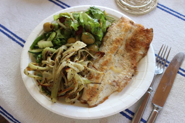 white fish, green salad, grilled fennel